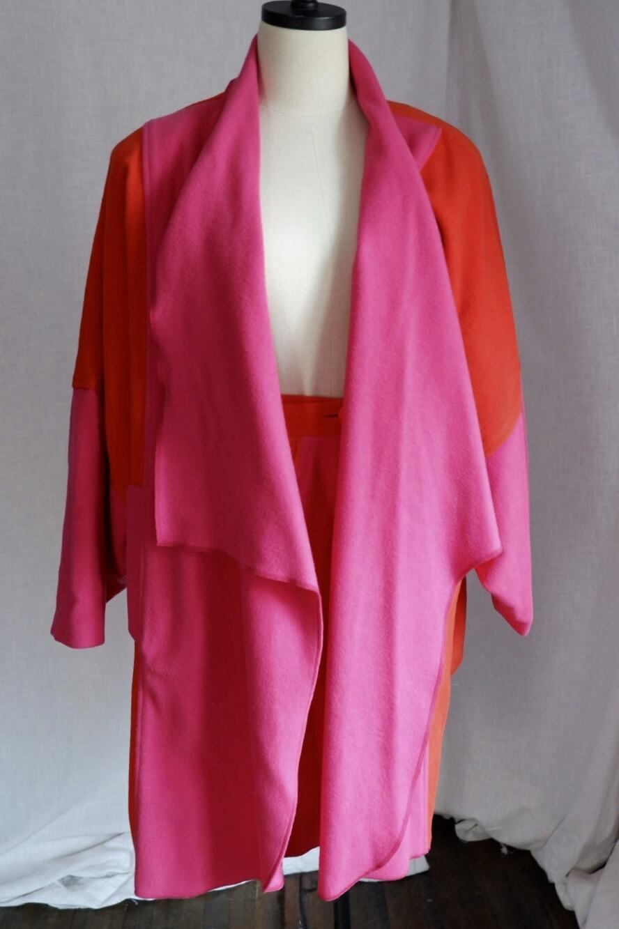 1980s Merle Chicago Pink & Orange Wool Drape Coat & Skirt Set